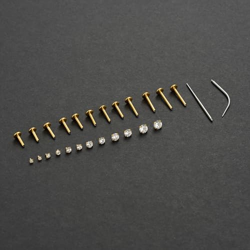 6Pairs 18K Gold Plated Internally Threaded Nose Piercing Studs Stainless Steel Lip Studs CZ Flat Back Stud Earrings Nostril Labret Conch Cartilage Earrings Helix Tragus 6/7/7/8/10/12mm 16G 18G - color: Gold, size: 16G