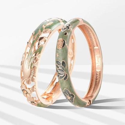 UJOY Cloisonne Bracelet Lotus Flower Plated Cuff Bangle Enameled Jewelry Bracelets Gift for Women Pack in Case 88B16 - color: A31-2 Pcs Set-Green