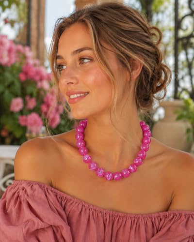 Colorful Chunky Beaded Necklaces for Women Trendy Large Bead Statement Necklace Boho Resin Bead Choker Summer Beach Jewelry Gifts Accessories - color: Rose Red 1