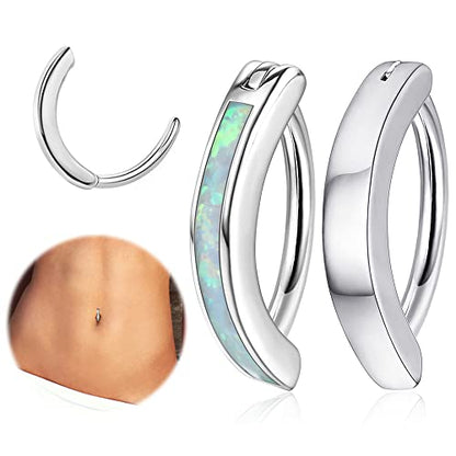 2Pcs 14G Clicker Belly Button Ring for Women Surgical Steel CZ Opal Belly Ring Simple Reverse Navel Rings Body Jewelry - color: Silver Opal, size: 10MM