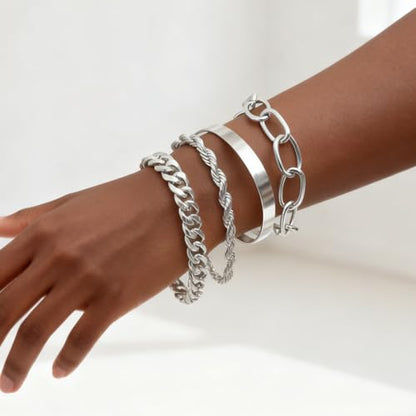 Gold Bracelets for Women, 5 Pcs Non-Tarnish Gold Plated Stackable Bangles with Beaded, Knot, Twisted, Cuff & Chain Designs, Everyday Jewelry Gifts - color: Silver-4pcs