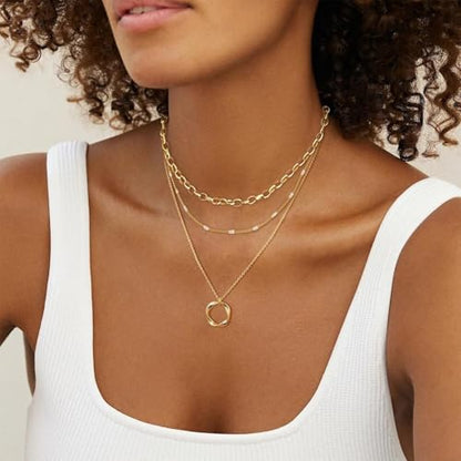 Airmb Gold Layered Necklaces for Women 14k Gold Plated Dainty Stackable Choker Necklaces for Women Trendy Layering Chain Cute Pendant Necklace Set Gold Jewelry for Women - color: 3PCS-Circle-Gold