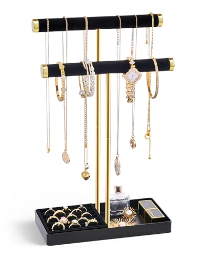 Lolalet 2-Tier Necklace Holder Display, Jewelry Stand with Ring Tray -Black | Velvet Wrapped Jewelry Organizer, Tall Bracelet Stand for Bangles Watches Earrings, Gifts for Mom Girls Women Mother's Day - color: Black