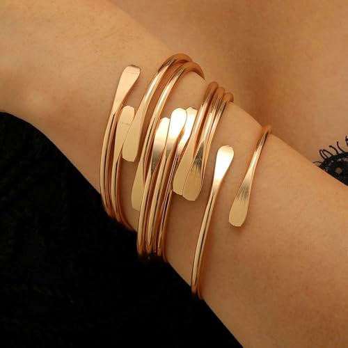 Layered Gold Sliver Plated Geometric Bracelets Set for Women,Open Adjustable Stacking Wrist Cuff Bracelets Punk Party Trendy Jewelry Accessories Gift - color: Gold