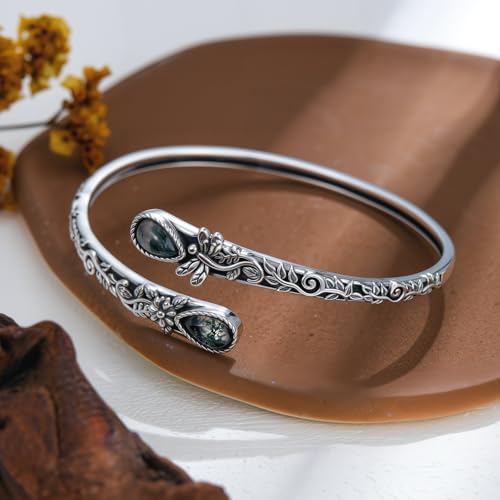 Nature Moss Agate Dragonfly Bracelet For Women 925 Sterling Silver Real Gemstone Adjustable Bangle Vintage Jewelry Gifts