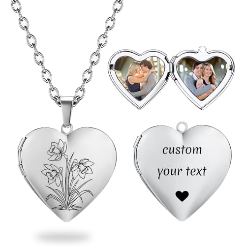 PHOCKSIN Personalized Locket Necklace for Women Photo Necklace with Customized Picture Birth Flower Birthstone Customizable Birthday Gifts - color: #18-Heart Silver Birthflower