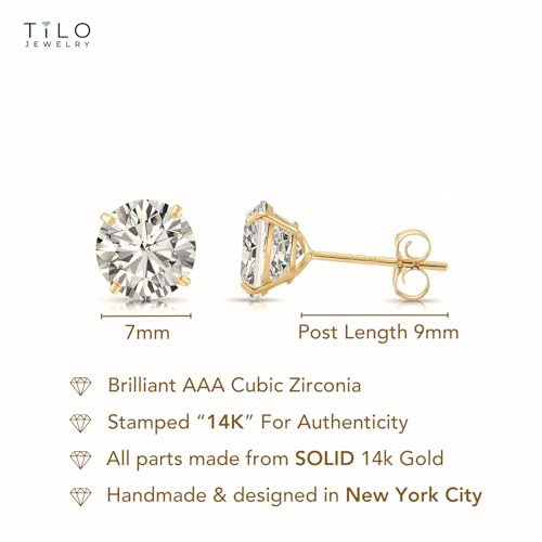14k Yellow Gold Solitaire Round Cubic Zirconia Stud Earrings - Pushbacks - style: 7mm