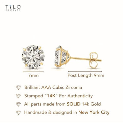 14k Yellow Gold Solitaire Round Cubic Zirconia Stud Earrings - Pushbacks - style: 7mm