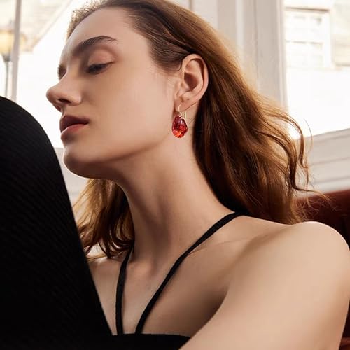 14K Gold Teardrop Crystal Leverback Earrings Sparkly Rhinestone Water Droplet Dangle Drop Earrings For Women - color: Bright Red