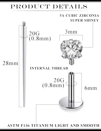 20G 18G 16G Astm F136 Titanium Internal Thread Flat Back Earrings Nose Studs Tragus Helix Conch Cartilage Lobe Earrings Medusa Labret Snake Bite Monroe Lip Ring Piercing Jewelry For Women Men - color: Clear, size: 20G-6MM Bar-CZ 3MM