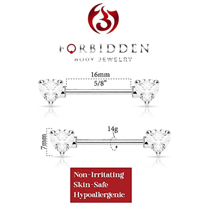 Forbidden Body Jewelry Pair of Surgical Steel 1/2-5/8 Inch (12-16mm) Cubic Zirconia Crystal Double Heart Nipple Barbells - style: Clear