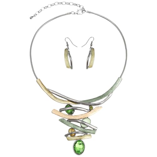 Chunky Statement Jewelry Set Vintage Retro Leaf Flower Floral Geometric Bohemian Boho Bib Necklace Earring Set Fashion Costume Jewelry for Women Girls Wedding Party Prom Unique Gift - style: Multilayer oval crystal JS black green