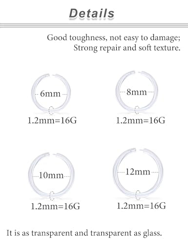 18G 16G 14G Plastic Septum Rings Flexible Lip Rings Hoops Septum Nose Rings Smiley Piercings Acrylic Horseshoes Cartilage Helix Rook Daith Earrings Piercing Retainer for Work 8mm 10mm 12mm - color: 16G-Dia:6mm 8mm 10mm 12mm