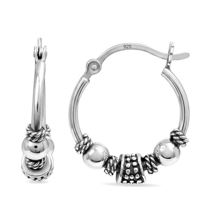 LeCalla 925 Sterling Silver Oxidized Balinese Hoops Earring Jewelry Small Antique Bali Beaded Hoop Earrings for Women - color: Bali Style Beaded