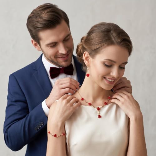 SHENLIU Red Rose Jewelry Set for Women, 3Pcs Rose Pendant Earrings Necklaces Bracelet, Burgundy Jewelry Set for Women's Wedding Prom Valentine Birthday Party (Red and Gold)