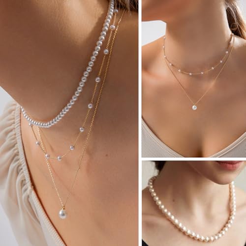 HERIER Gold Jewelry Set for Women - Dainty 14K Gold/Silver Plated Pearl Choker Necklace, Drop Earrings & Bracelets - Wedding Trendy Pearl Jewelry Gift - color: Pearl Necklace Set-Gold