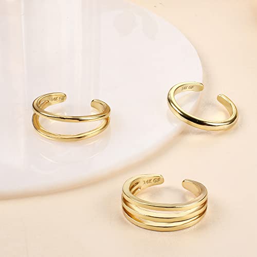 ADRAMATA Gold Toe Rings for Women Non Tarnish-14K Gold Gilled Toe Ring Set | Waterproof Adjustable Open Toe Rings Hypoallergenic,Thin Bands,Summer Beach Foot Jewelry,Simple 1mm 2mm 3mm Band Ring.3 PCS - style: 2mm+Layered Toe Rings