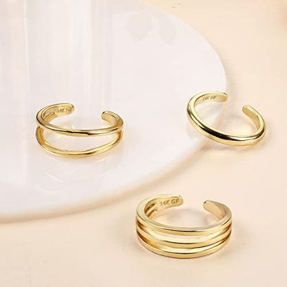ADRAMATA Gold Toe Rings for Women Non Tarnish-14K Gold Gilled Toe Ring Set | Waterproof Adjustable Open Toe Rings Hypoallergenic,Thin Bands,Summer Beach Foot Jewelry,Simple 1mm 2mm 3mm Band Ring.3 PCS - style: 2mm+Layered Toe Rings