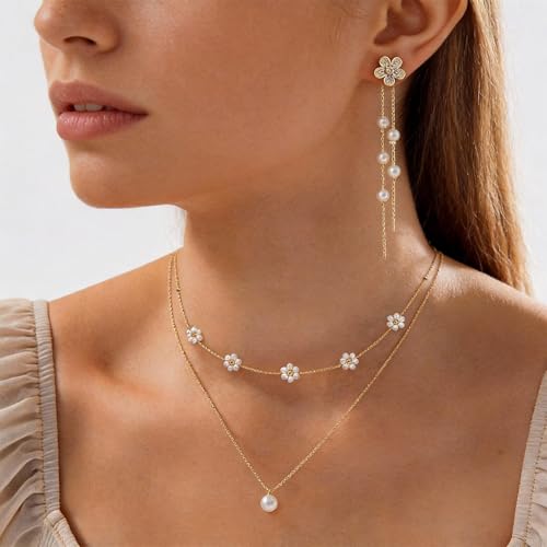 Wedding Jewelry Sets for Brides Bridesmaid Pearl Jewelry Set Fancy Gold Flower Necklace and Earrings Simple Pearl Necklace for Women Bridal Earrings Wedding Accessories Essentials Gifts - color: A2:flower necklace earrings set