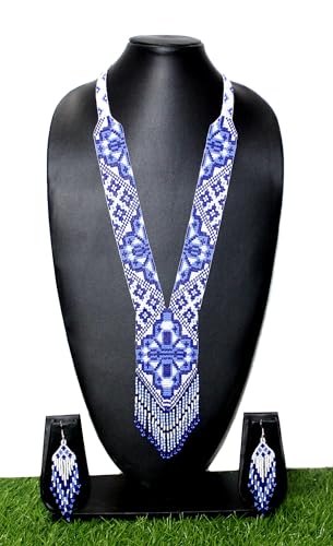 Long Beaded Necklace – Boho Native Handmade Seed Bead Tassel Necklace, Bohemian Large Statement Beaded Necklace for Women - color: Royal Blue White