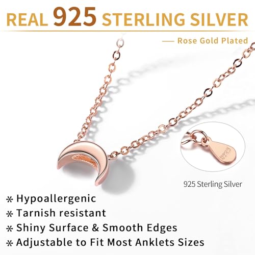 ChicSilver Personalized 925 Sterling Silver Tiny Heart/Moon/Star/Sun/Dot/Triangle Anklets Simple Dainty Foot Jewelry for Women, Silver/Gold Plated/Rose Gold Plated - style: Rose Gold Moon