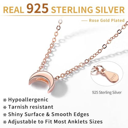 ChicSilver Personalized 925 Sterling Silver Tiny Heart/Moon/Star/Sun/Dot/Triangle Anklets Simple Dainty Foot Jewelry for Women, Silver/Gold Plated/Rose Gold Plated - style: Rose Gold Moon