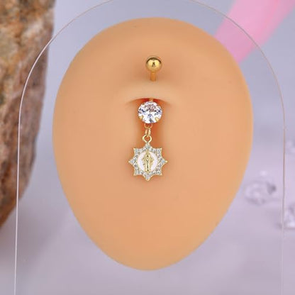 B BodyPJ Sparkles 14G Religious Belly Button Ring with Crystal Cross and Religious Charms, Stainless Steel - style: Type D,Gold