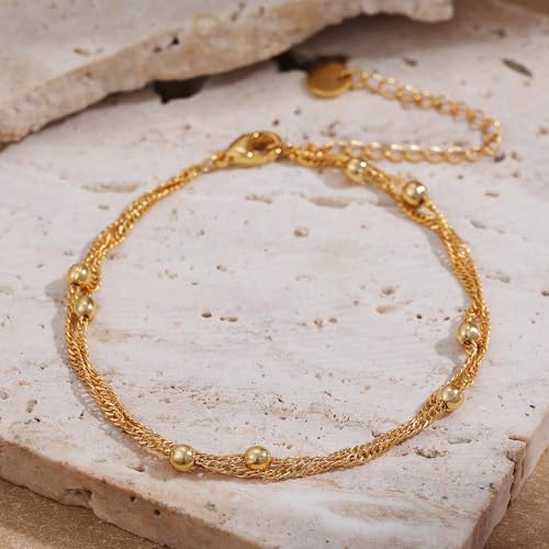 SLOONG 14K Gold Plated Pearl Bracelets for Women Trendy | Dainty Stackable Layered Chain Bridesmaid Bracelets, Waterproof Wedding Jewelry for Women Adjustable 6"+2" - color: Style7(Ripple Chain)
