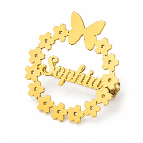 Custom Name Brooch Pins, 18K Gold Plated Stainless Steel Personalized Initial Letter Name Tag Brooch, Customized Jewelry Gift for Men Women Christmas Birthday Anniversary Wedding - color: Flower Wreath