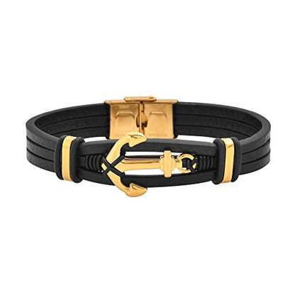 Men's Multi-Strand Genuine Leather Bracelet with Stainless Steel Anchor Pendant - color: Gold