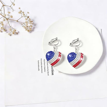 4th of July Independence Day Clip on Earring for Women American Flag Dangle Earrings Patriotic Red White Blue USA Earring, Pave Crystal Stud - color: blue