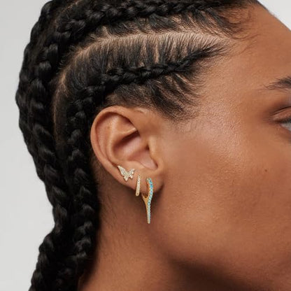 DREMMY STUDIOS Gold Dainty Huggie Hoop Earrings 18K Gold Plated Exquisite Open Tassel Dangle Charm Drop Sleeper Geometric Cross Coin Star Heart White CZ Simple Hypoallergenic Earrings for Women - color: Long-Tur