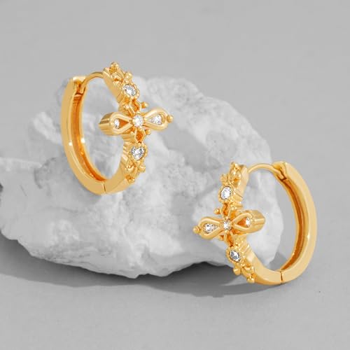 DREMMY STUDIOS Gold Dainty Huggie Hoop Earrings 18K Gold Plated Exquisite Open Tassel Dangle Charm Drop Sleeper Geometric Cross Coin Star Heart White CZ Simple Hypoallergenic Earrings for Women - color: CZ Cross-Hoop