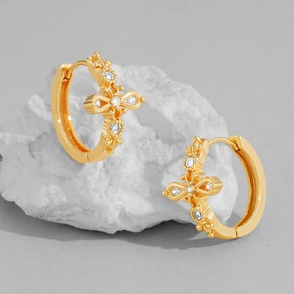 DREMMY STUDIOS Gold Dainty Huggie Hoop Earrings 18K Gold Plated Exquisite Open Tassel Dangle Charm Drop Sleeper Geometric Cross Coin Star Heart White CZ Simple Hypoallergenic Earrings for Women - color: CZ Cross-Hoop