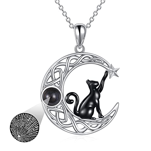 925 Sterling Silver Moon Black Cat Necklace for Women Cat Jewelry - style: H-I Love U 100 Languages Cat Necklace