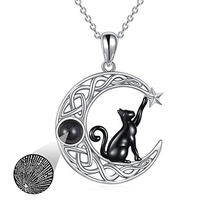 925 Sterling Silver Moon Black Cat Necklace for Women Cat Jewelry - style: H-I Love U 100 Languages Cat Necklace