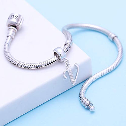 925 Sterling Silver Charms Alphabet Beads fit Pandora Charm Bracelets A-Z Letter Initial Spacer Dangle Clear CZ Stone Authentic for Snake Chain Bracelets - color: V