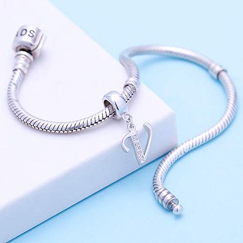 925 Sterling Silver Charms Alphabet Beads fit Pandora Charm Bracelets A-Z Letter Initial Spacer Dangle Clear CZ Stone Authentic for Snake Chain Bracelets - color: V