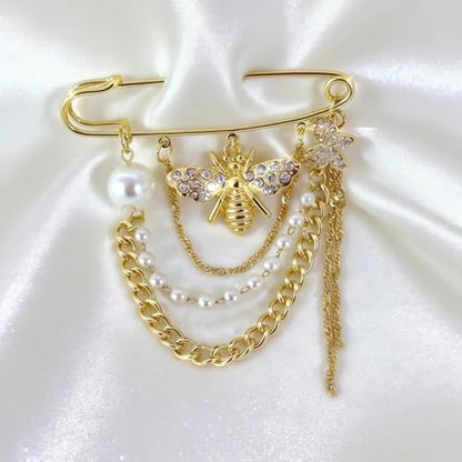 Gold Dainty Bee Chain Layered Tassel Brooch Pin for Women,Baroque Trendy Faux Pearl Beaded Statement Lapel Pin Fashion Delicate Jewelry Accessories