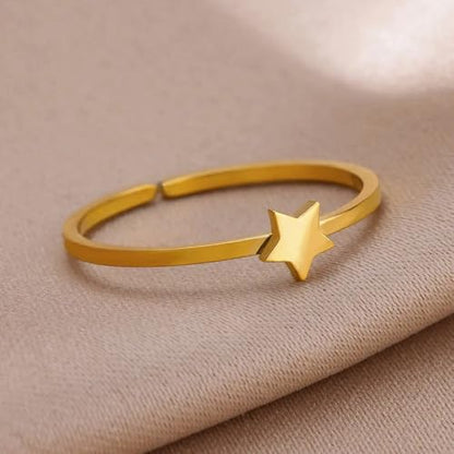Sun and Moon Rings Stainless Steel Crescent Sun Rings for Women Gold Open Ring Middle Index Finger Jewelry Gift - color: E-Gold Star