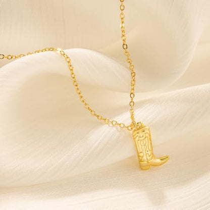 Dainty Gold Necklace: 14k Gold Plated Dianty Boots Bow Sun Moon Horse Evil Eye Conch Seahorse Necklace for Women 16.5"+2" - color: Boots