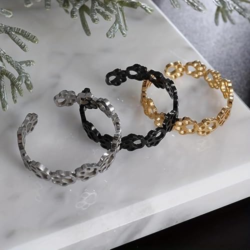 Fashionable and Cute Hollow Cat Claw Footprint Stainless Steel Open Ring Female Creative Couple Ring Animal Jewelry - color: black