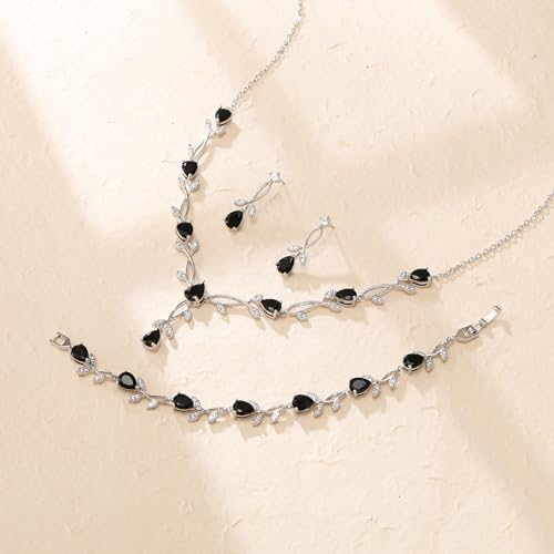 Crysdue Wedding Jewelry Set for Brides Bridesmaid, Cubic Zirconia Teardrop Marquise Leaf Cluster Pendant Necklace Bridal Tennis Bracelet Drop Earrings for Women Party Prom - style: A- CZ set-black, silver