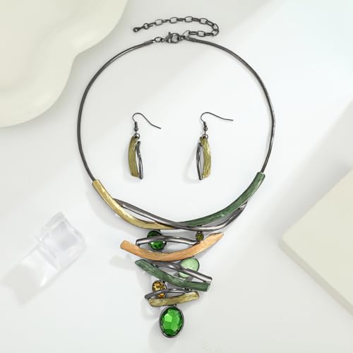 Chunky Statement Jewelry Set Vintage Retro Leaf Flower Floral Geometric Bohemian Boho Bib Necklace Earring Set Fashion Costume Jewelry for Women Girls Wedding Party Prom Unique Gift - style: Multilayer oval crystal JS black green