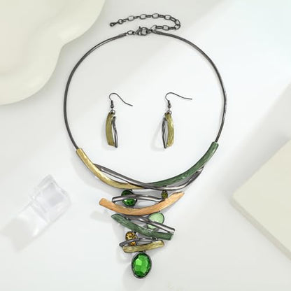 Chunky Statement Jewelry Set Vintage Retro Leaf Flower Floral Geometric Bohemian Boho Bib Necklace Earring Set Fashion Costume Jewelry for Women Girls Wedding Party Prom Unique Gift - style: Multilayer oval crystal JS black green