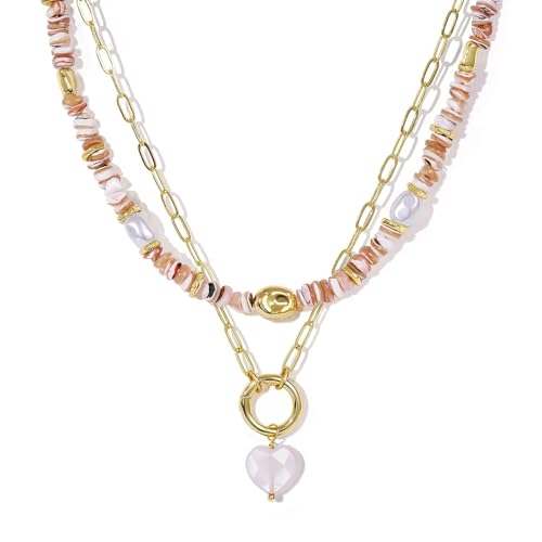 KissYan Beaded Necklaces for Women, Layered Pendant Choker for Summer | Stackable Colorful Natural Gemstone Handmade Beach Charm Chain Valentine's Jewelry Gifts For Girlfriend Wife Lover - style: Pink Heart