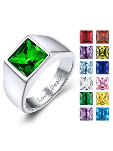 KeyStyle Square Gemstone Signet Rings for Men, Personalized Stainless Steel Pinky Ring with Black Onxy Blue Topaz Birthstone Statement Ring - color: 316L Stainless Steel-Custom Stone-8mm