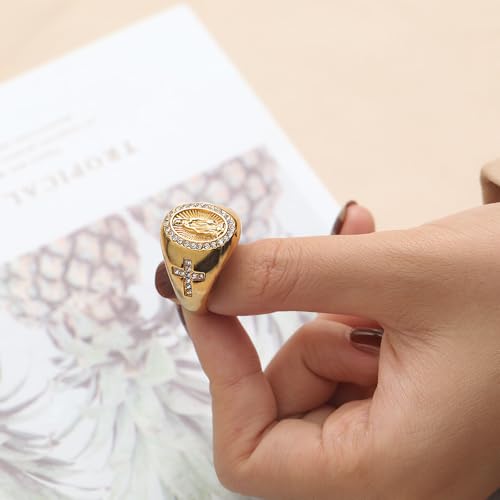 Christian Couple Signet Rings Set: Square Jesus (Men) & Oval Virgin Mary (Women), Stainless Steel Gold Plated with Side CZ Cross, Rhinestone Religious Rings - color: Mary