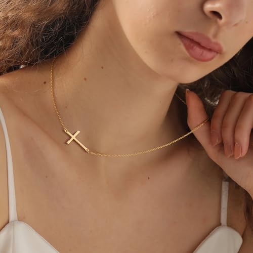 Poxtex Cross Necklace for Women Teen Girls, Dainty 14K Gold Silver Plated Cross Choker Jewelry Non Tarnish Waterproof Cute Simple Small Necklace Christian Baptism Religious Faith Jewelry Gifts - color: 05 Sideways Cross - Gold