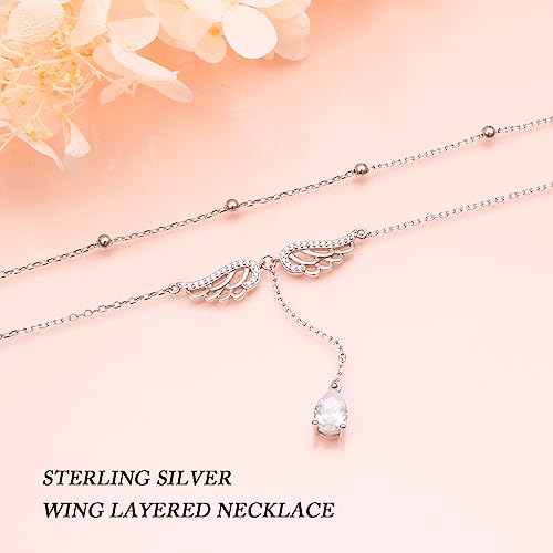 FLYOW Layered Necklace S925 Sterling Silver Y Shaped Jewelry - style: Angel Wings Style